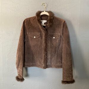 Coldwater Creek Brown Leather Zip Front Jacket Faux Fur Collar and Cuffs